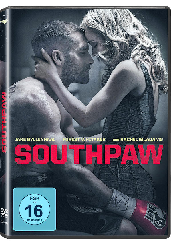 DVD-Hülle mit einem Mann und einer Frau, die sich umarmen. Der Titel lautet Southpaw. Dunkler Hintergrund.