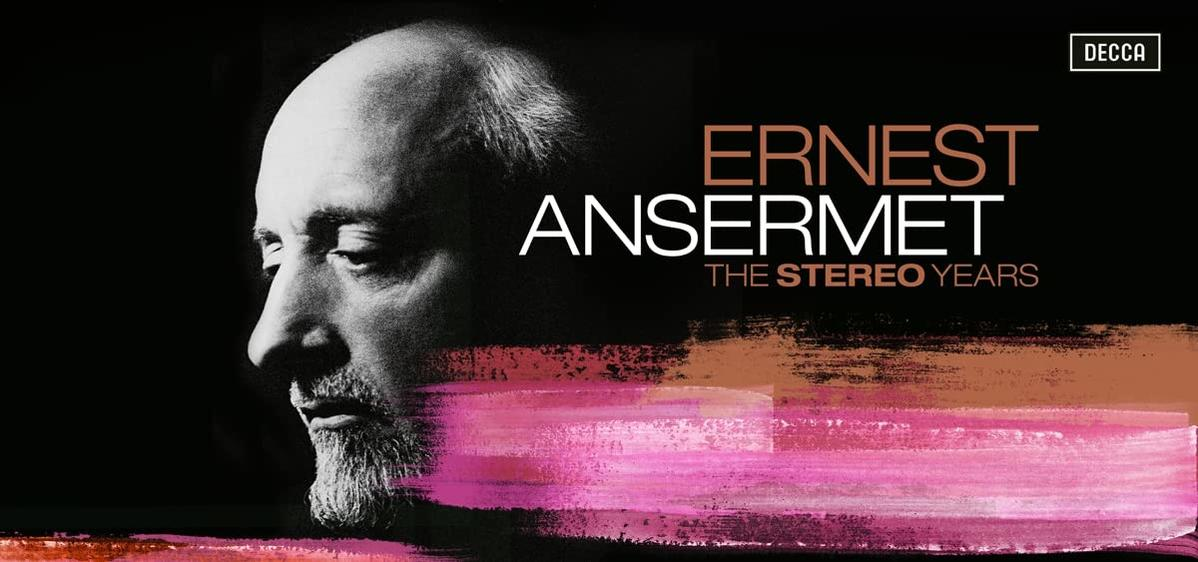 Albumcover mit einem Mann im Profil, Text 'Ernest Ansermet' und 'The Stereo Years' auf Schwarz.