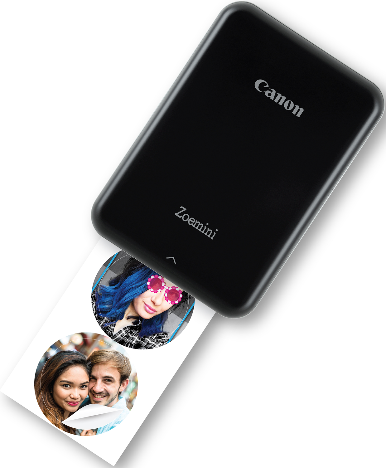 Zwarte Canon-printer met een foto-output van twee cirkelvormige afbeeldingen van mensen. Canon Zoemini staat erop.