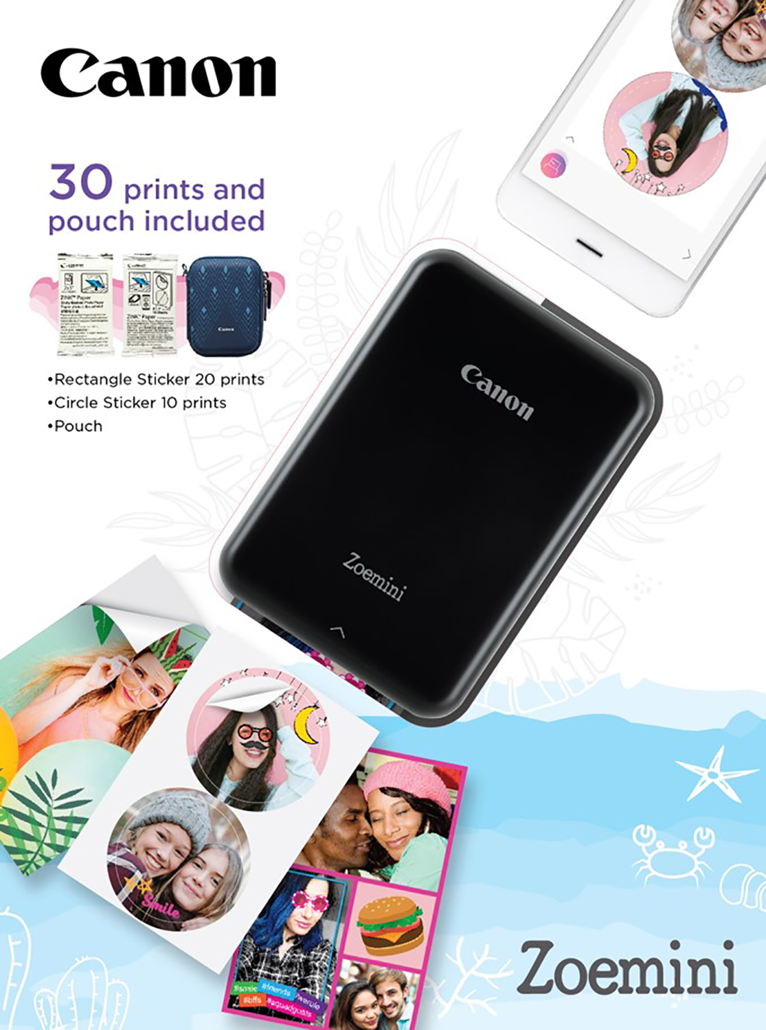 Canon Zoemini printer met accessoires: stickers, foto's en een etui. Zwart-wit en kleuren prints.