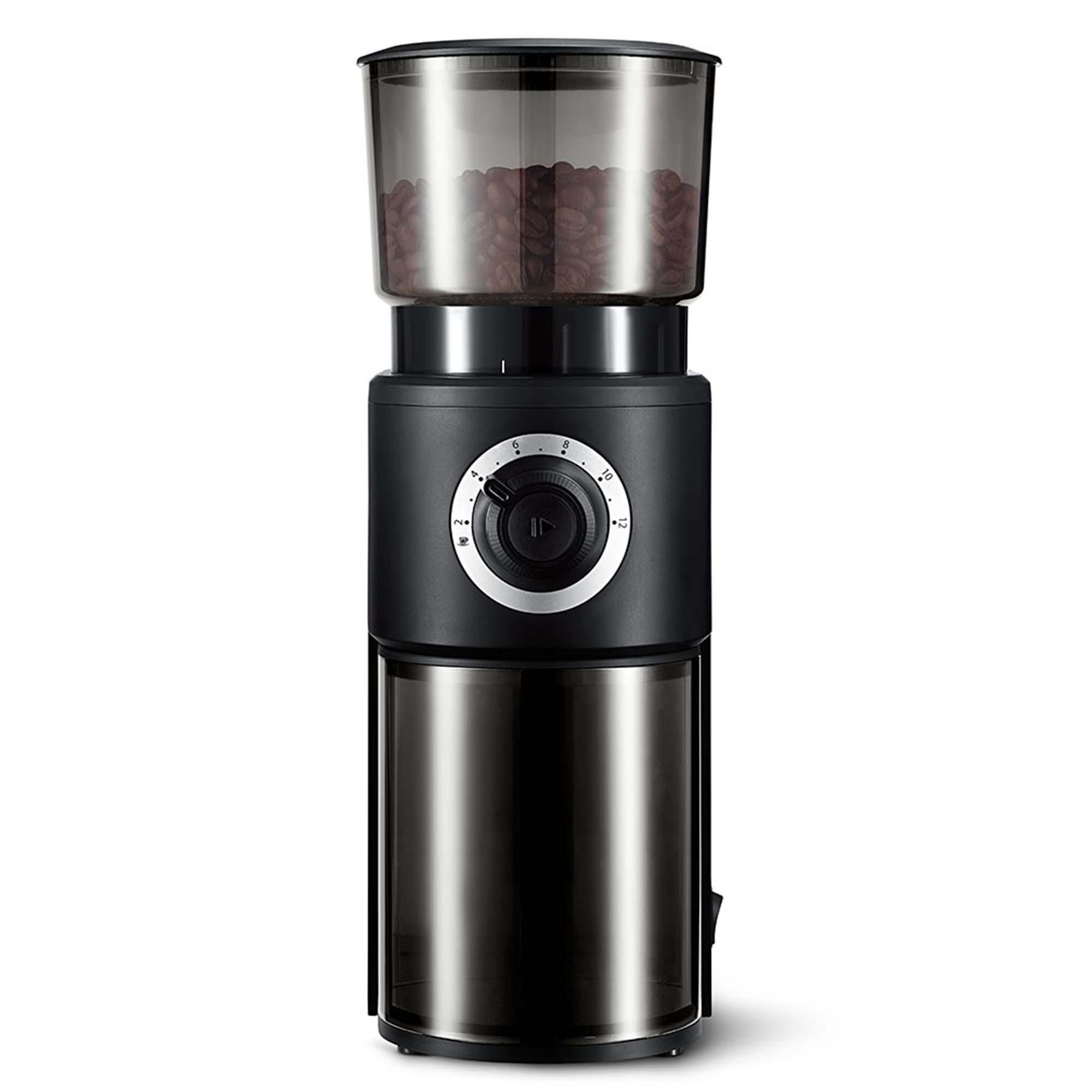 Schwarze Kaffeemühle mit transparentem Behälter und nummeriertem Zifferblatt.