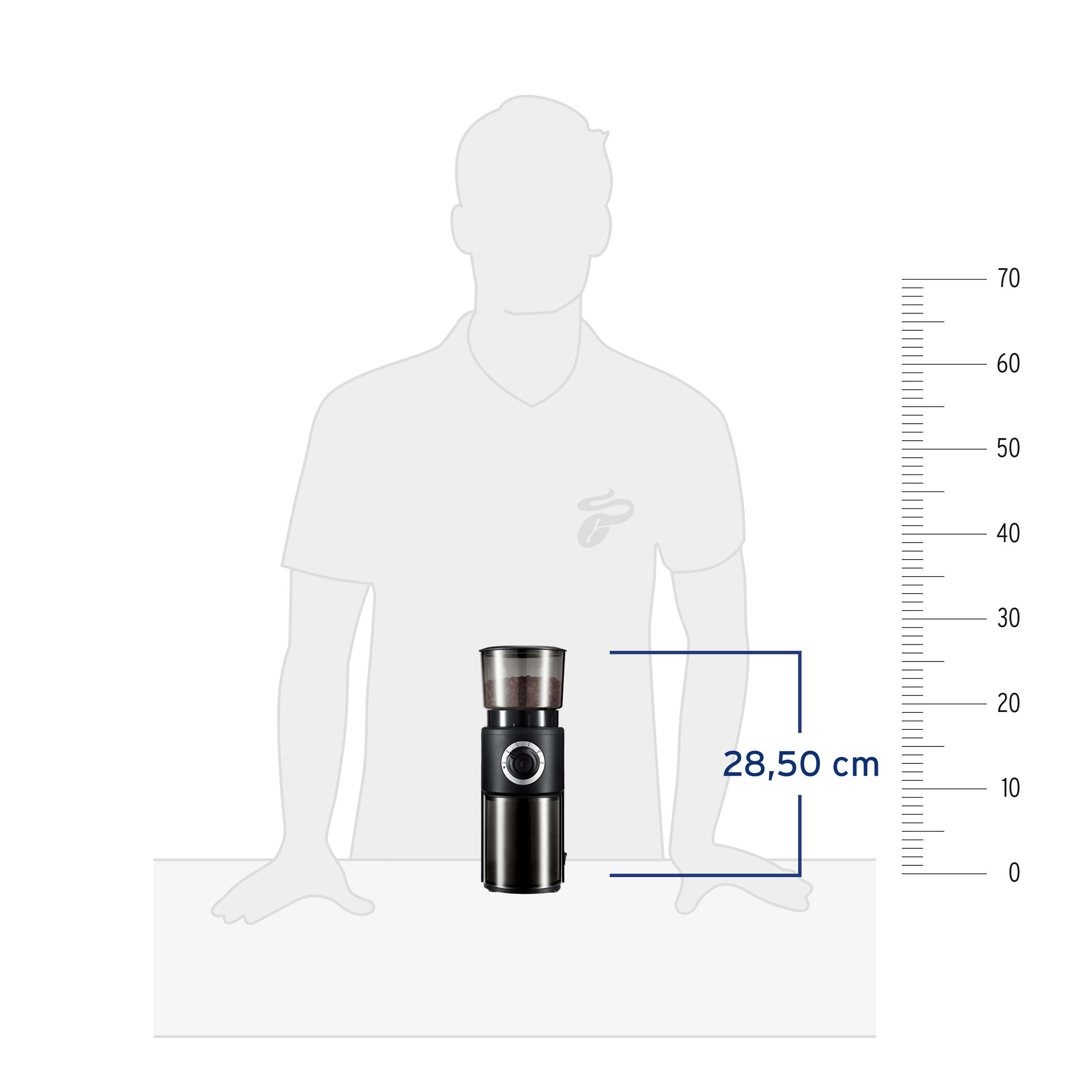Eine schwarze Kaffeemühle steht auf einer weißen Oberfläche. Dahinter eine Personensilhouette mit Höhenangaben.