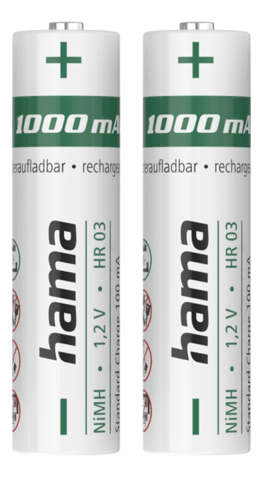 Due batterie bianche con etichette verdi e nere. Segni più in alto.