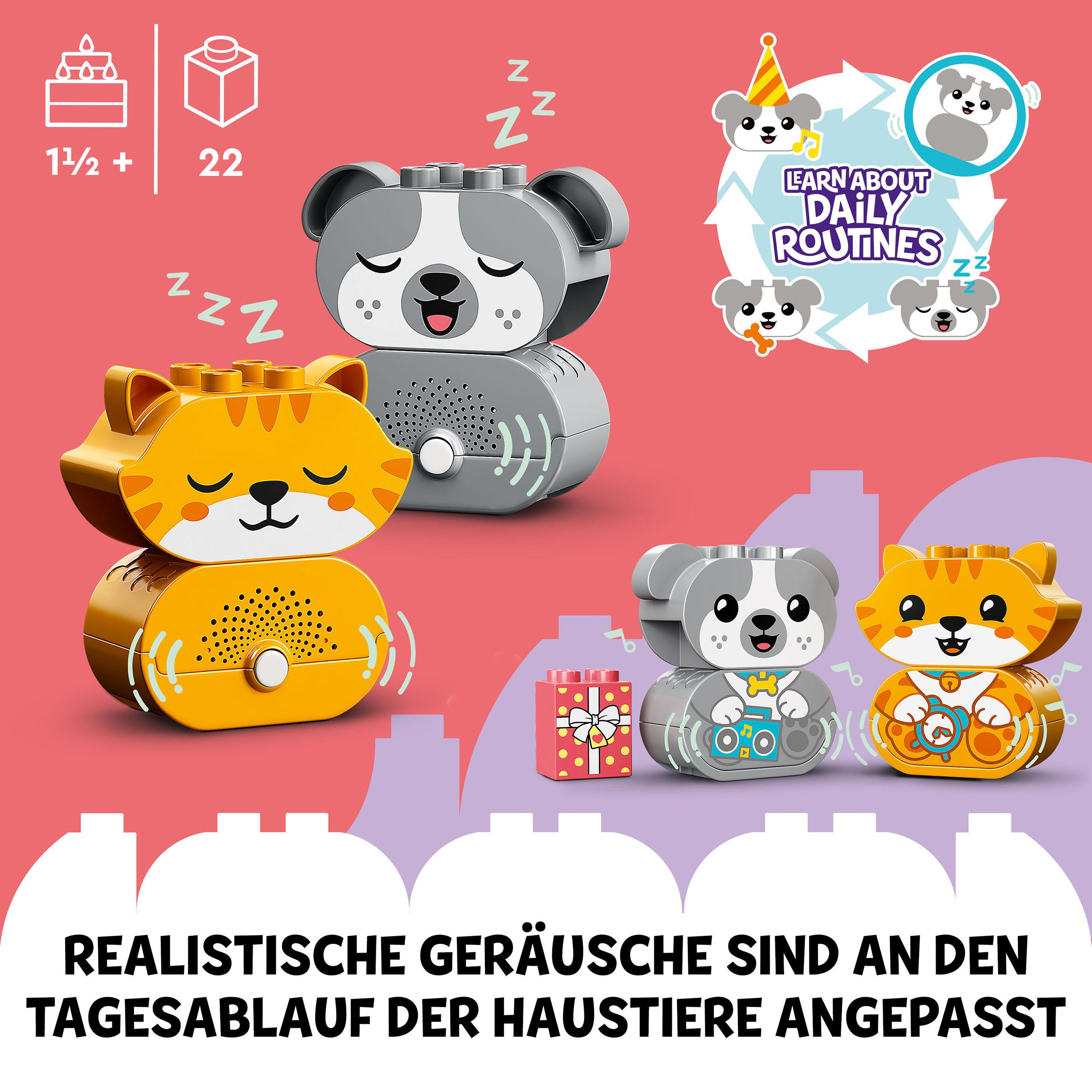 Vier bunte, spielzeugartige Tiere, darunter der Text 'Realistische Geräusche'.