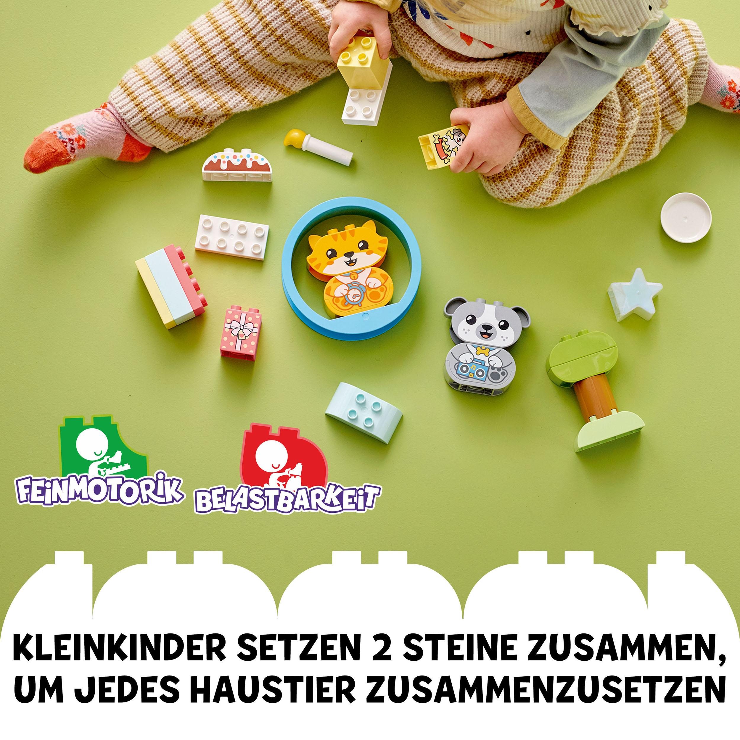 Ein Kind spielt mit bunten Bausteinen, Text auf Deutsch.