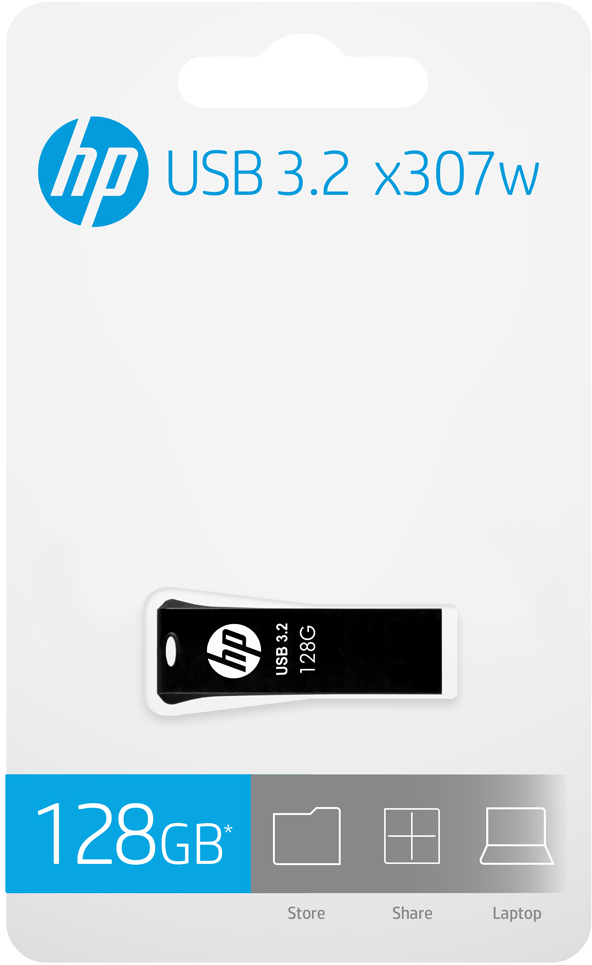 HP USB 3.2-Flash-Laufwerk in Verpackung. Das Laufwerk ist schwarz mit weißem HP-Logo.