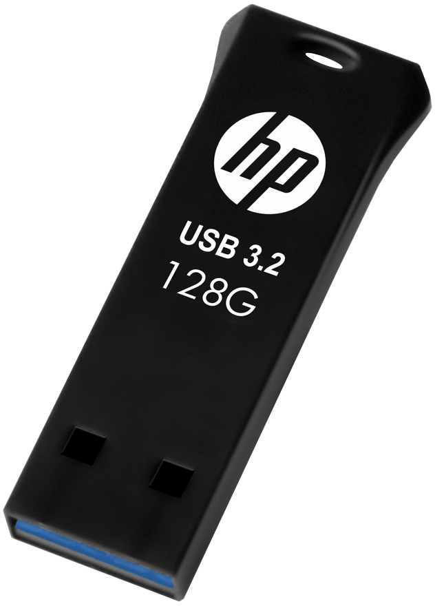 Schwarzer USB 3.2-Stick mit 'hp'-Logo und 'USB 3.2 128G'-Text, mit blauem Anschluss.