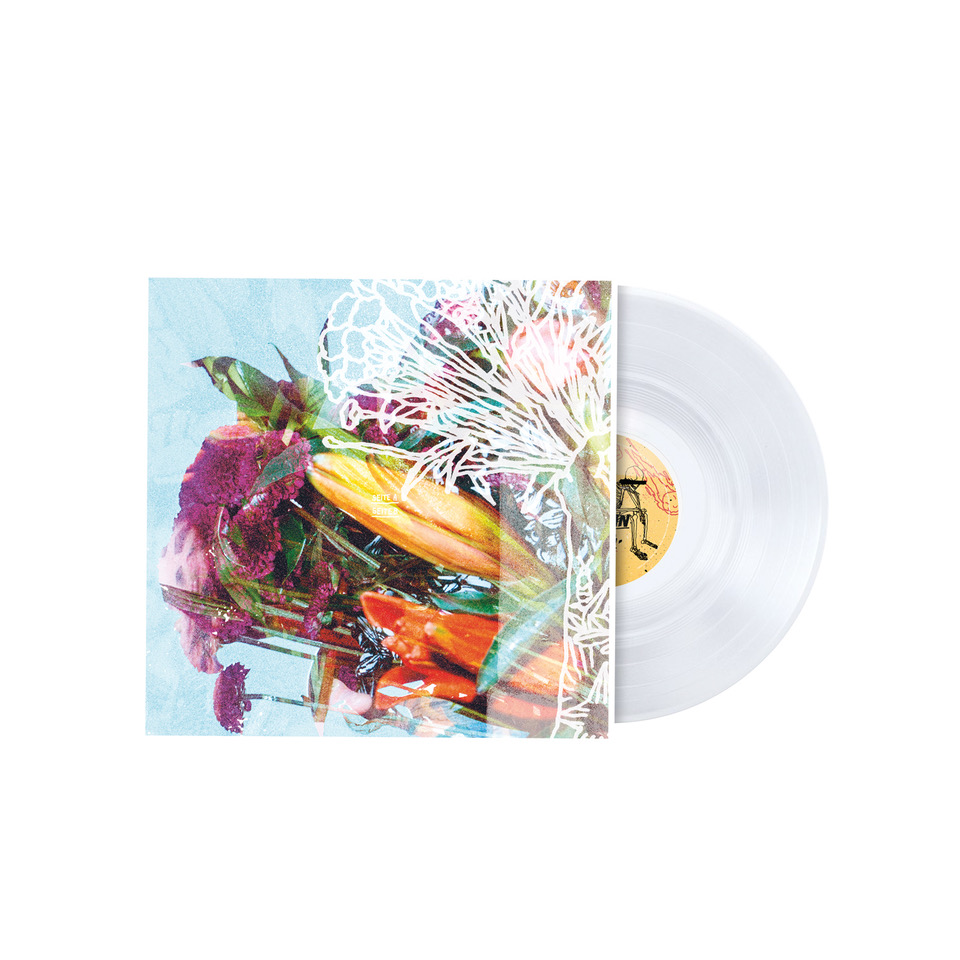 Eine Vinyl-Schallplatte und ein Albumcover mit einem farbenfrohen Blumendesign auf hellblauem Hintergrund.