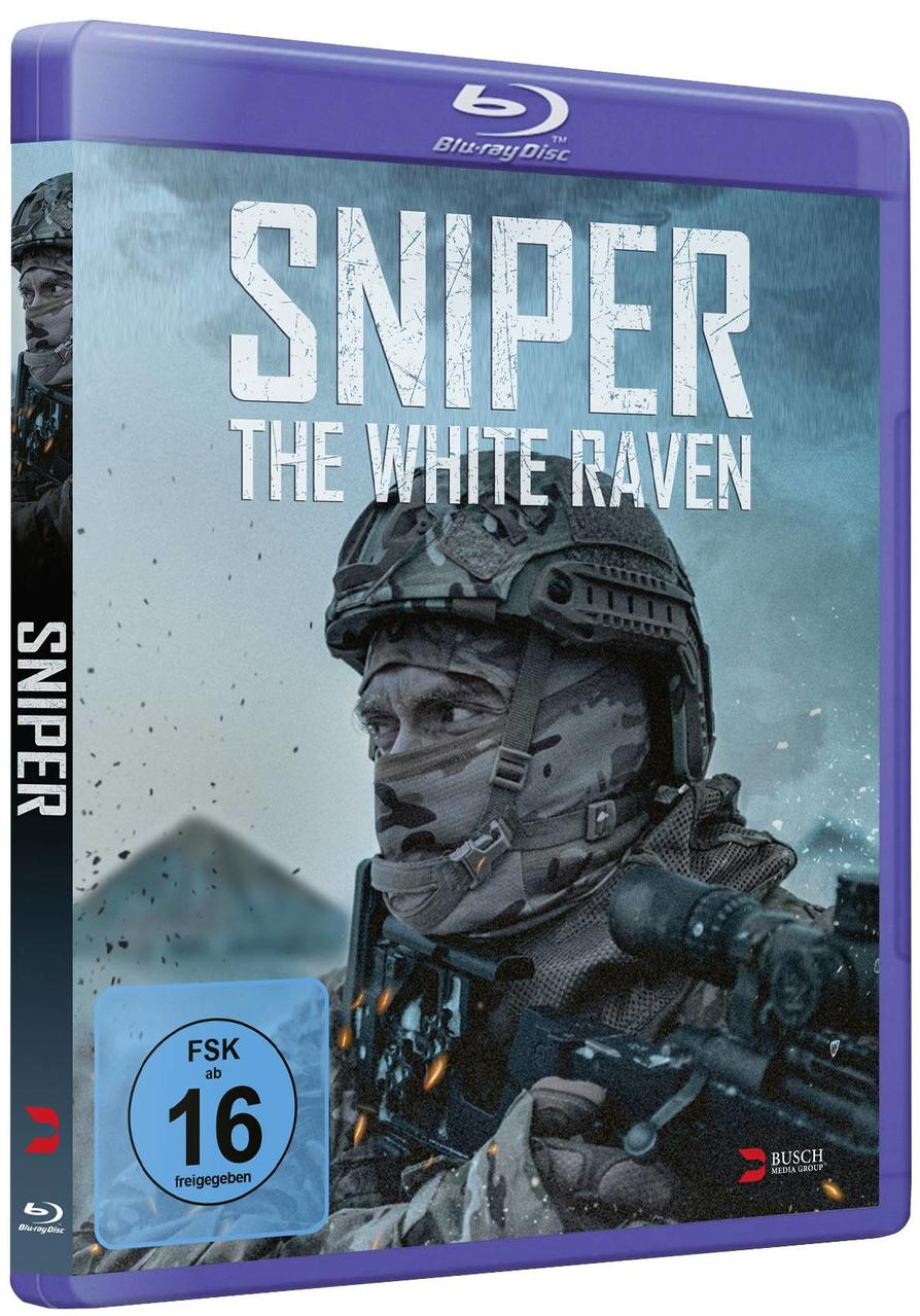 Blu-ray-Disc-Hülle für den Film 'Sniper: The White Raven', mit einem Soldaten in Tarnung.
