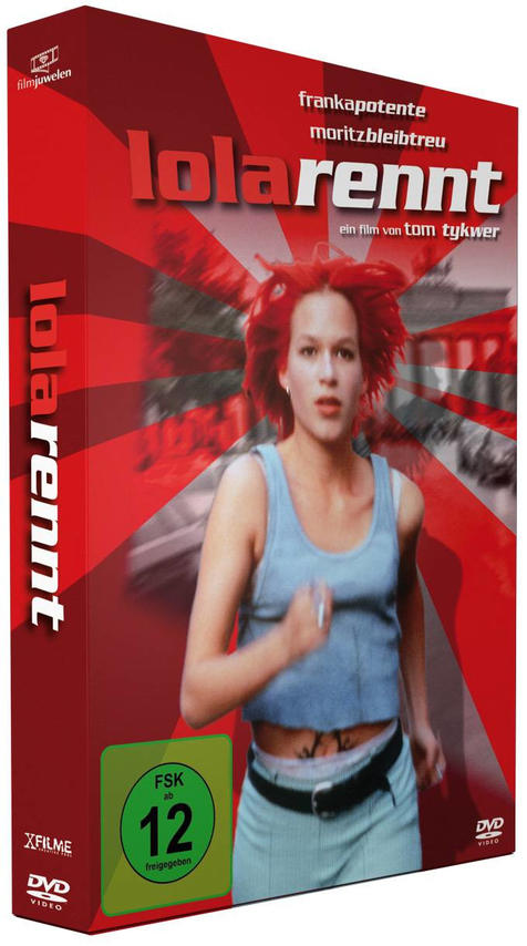 DVD-Box des Films Lola rennt, mit einer Frau, die vorne rennt. Roter und schwarzer Hintergrund.