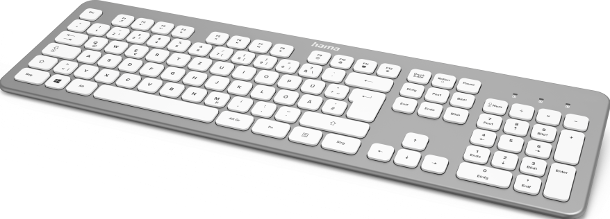 Silberne Tastatur mit weißen Tasten. Mit Nummernblock und QWERTZ-Layout.