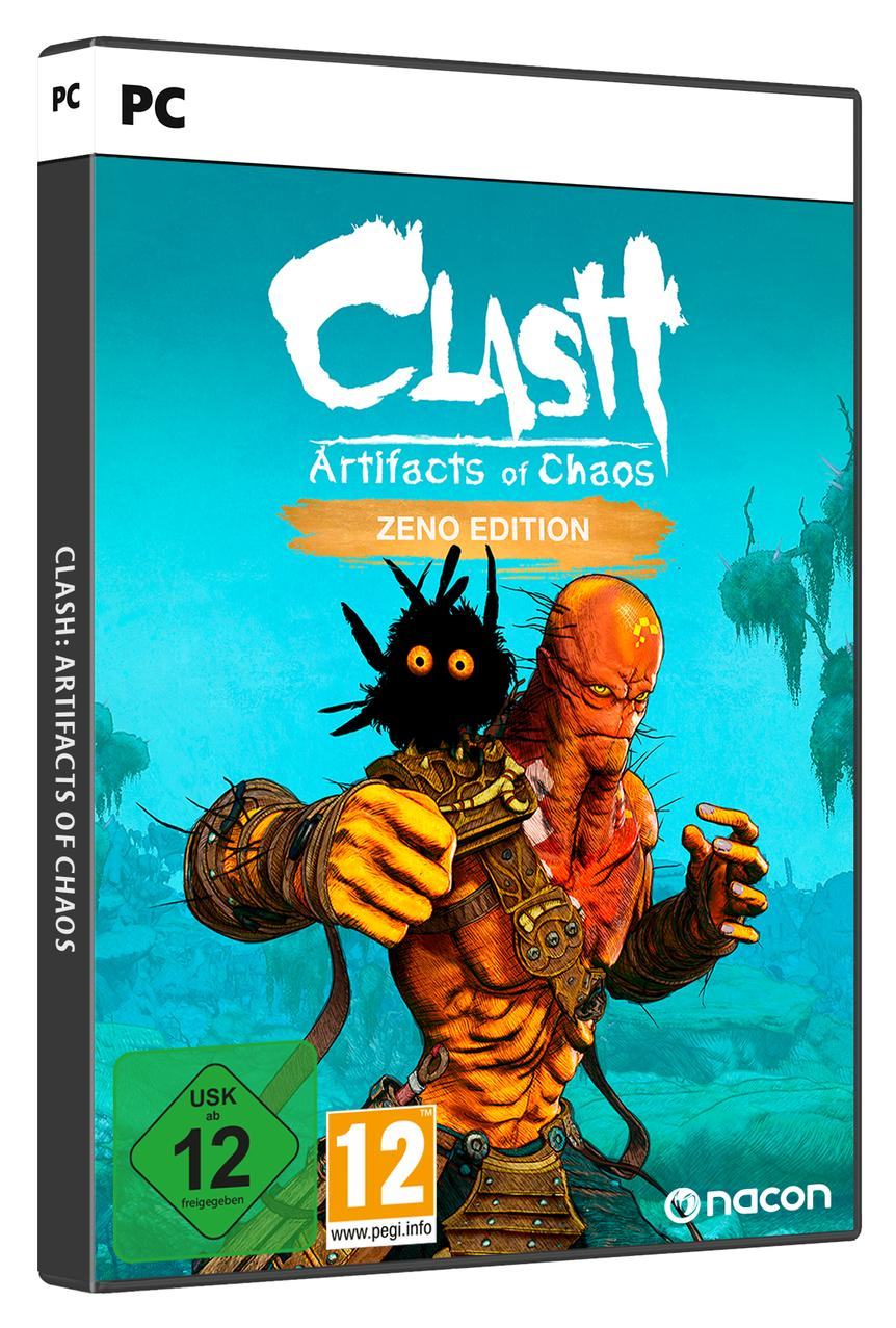 Videospielbox mit einem Monster und einer Figur auf der Vorderseite. Der Titel ist "Clash: Artifacts of Chaos".