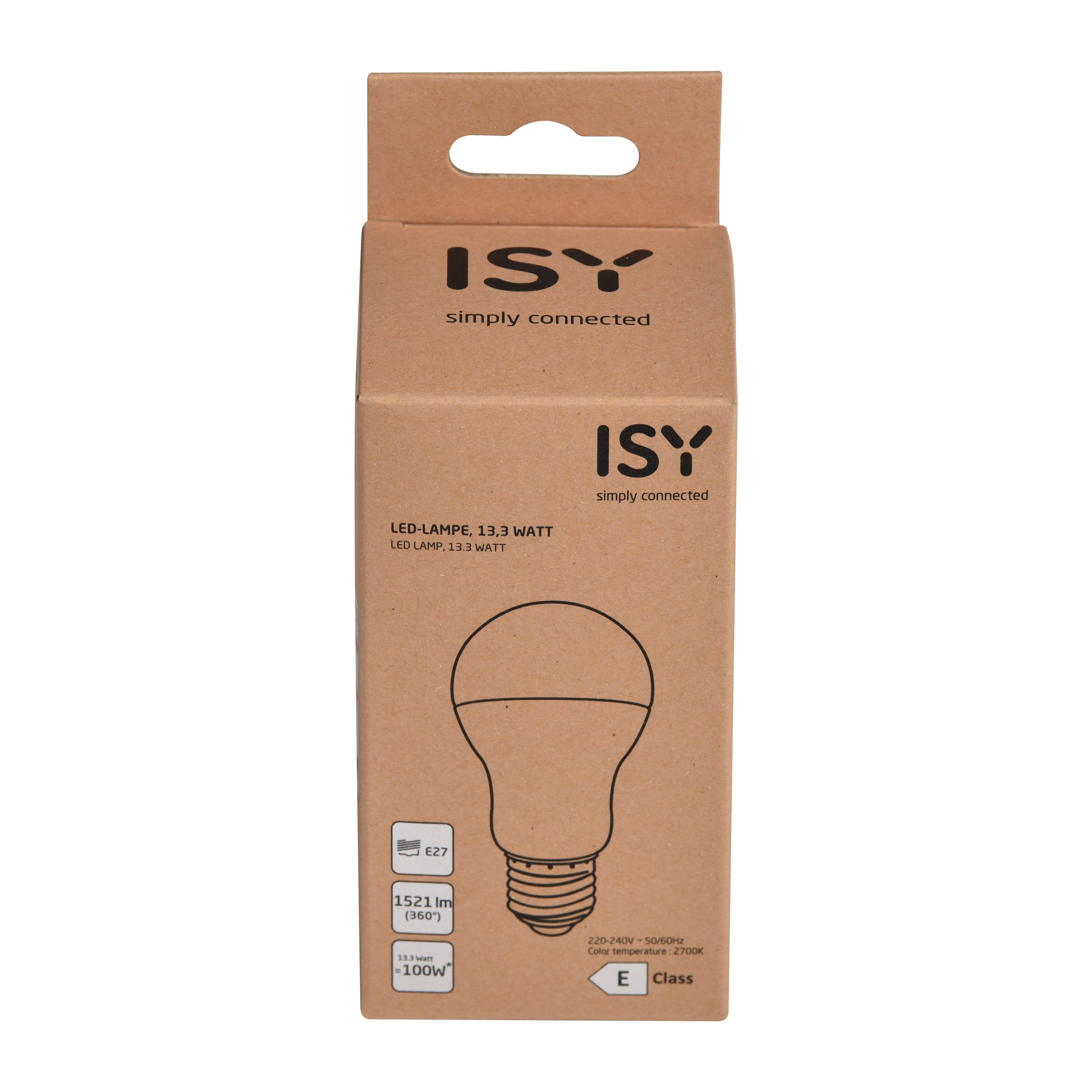 Box mit ISY LED-Lampe. Braune Box mit Zeichnung einer Glühbirne und Text.