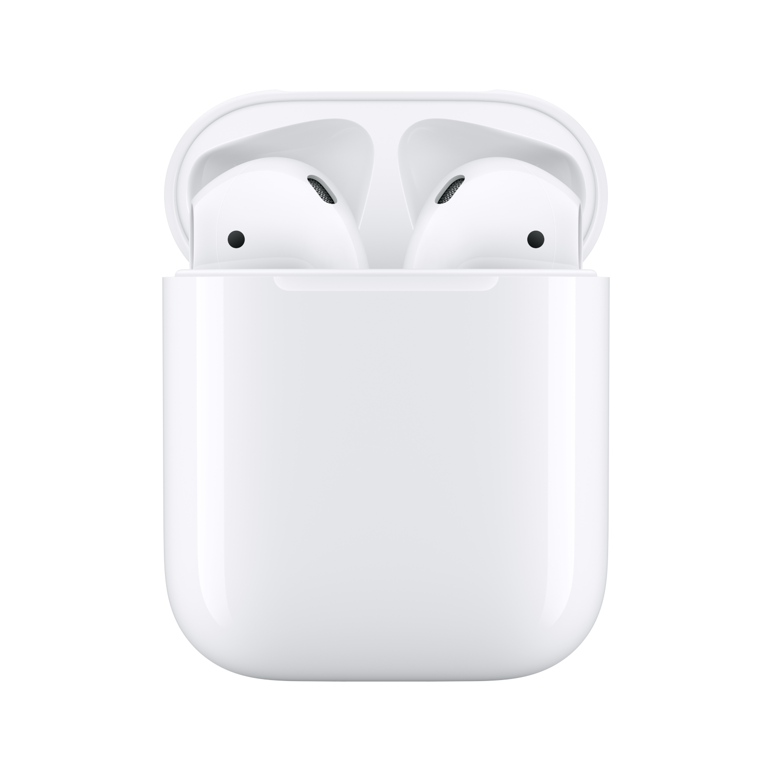 Witte Apple AirPods in hun oplaadcase. De case is open en toont de oortelefoons.