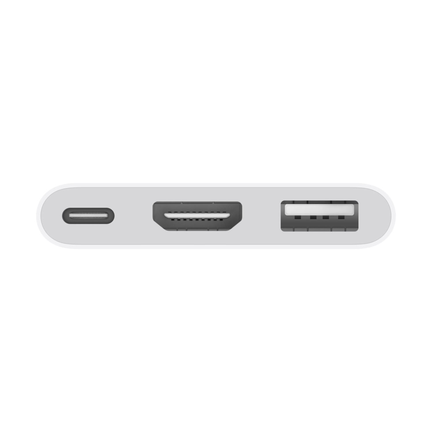 Een witte adapter met een USB-C-poort, een HDMI-poort en een USB-A-poort op een rij.
