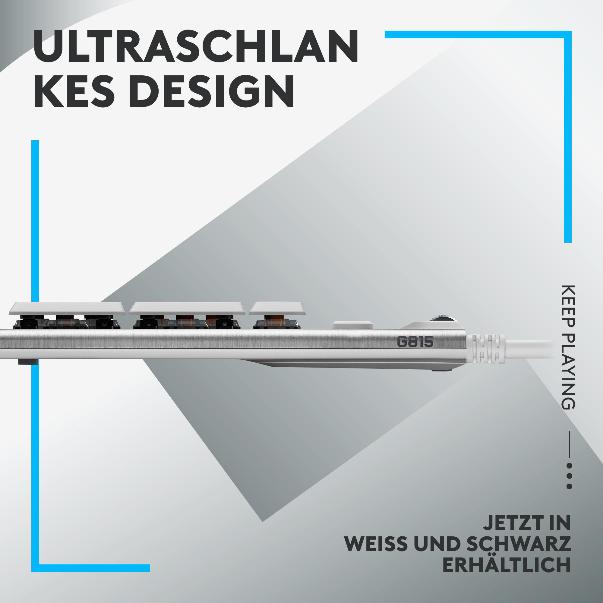 Eine weiße und graue Tastatur mit Text und blauen Linien.