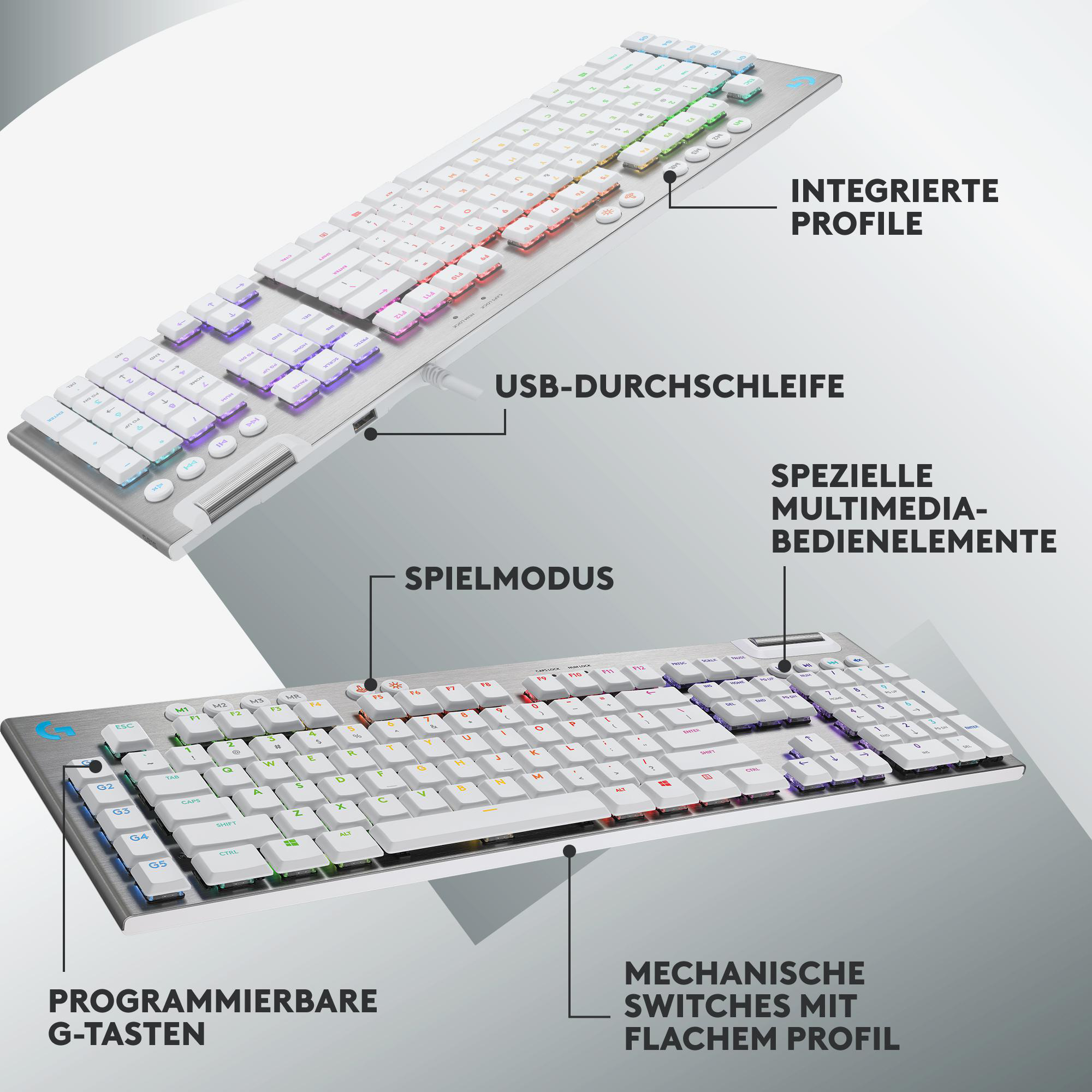 Zwei Tastaturen mit Etiketten: Programmierbare G-Tasten, USB und Multimedia-Elemente.