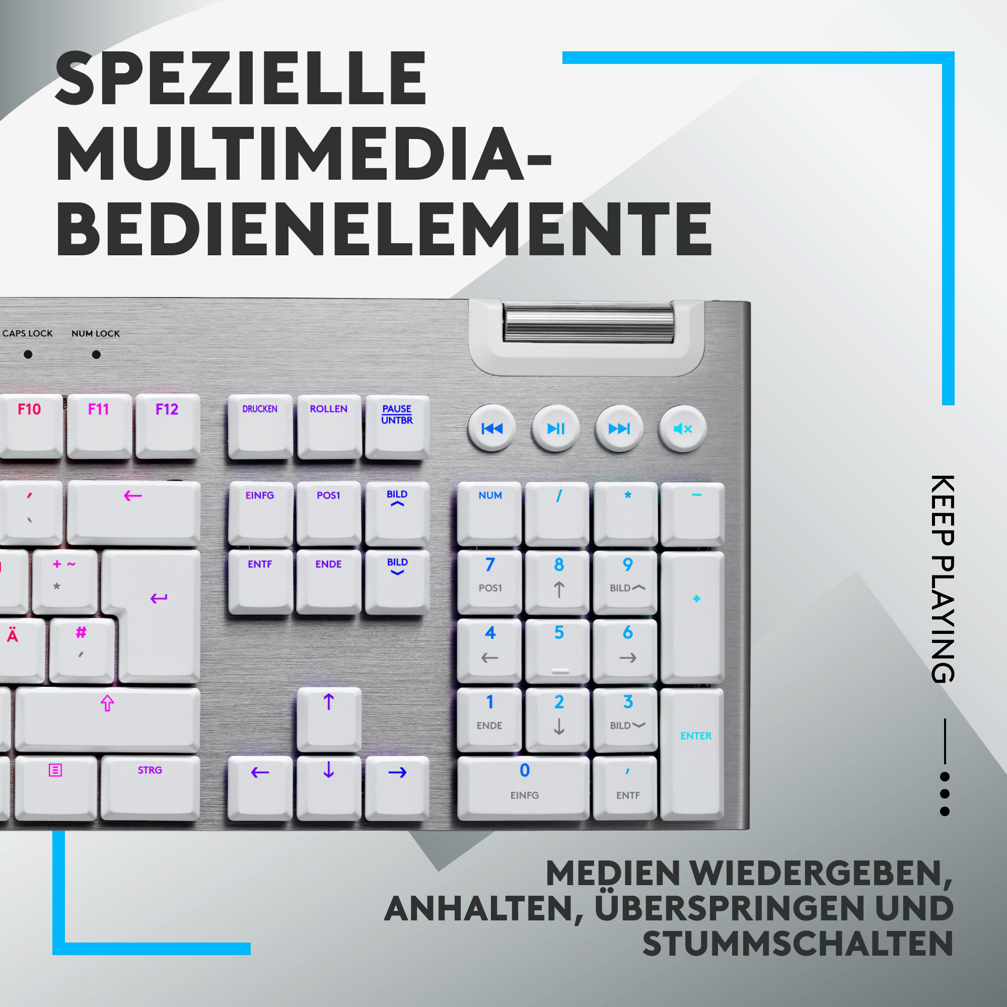 Eine weiße Tastatur mit speziellen Multimedia-Tasten wird gezeigt, mit Text auf Deutsch. Der Hintergrund ist hellgrau.