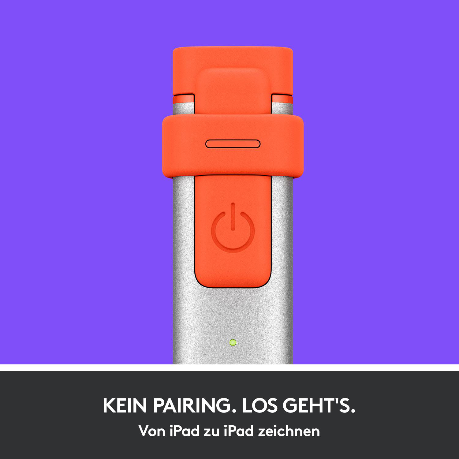 Ein silbernes und orangefarbenes Gerät mit einem Netzschalter. Text: Kein Pairing. Los geht's. Vom iPad zum iPad zeichnen.