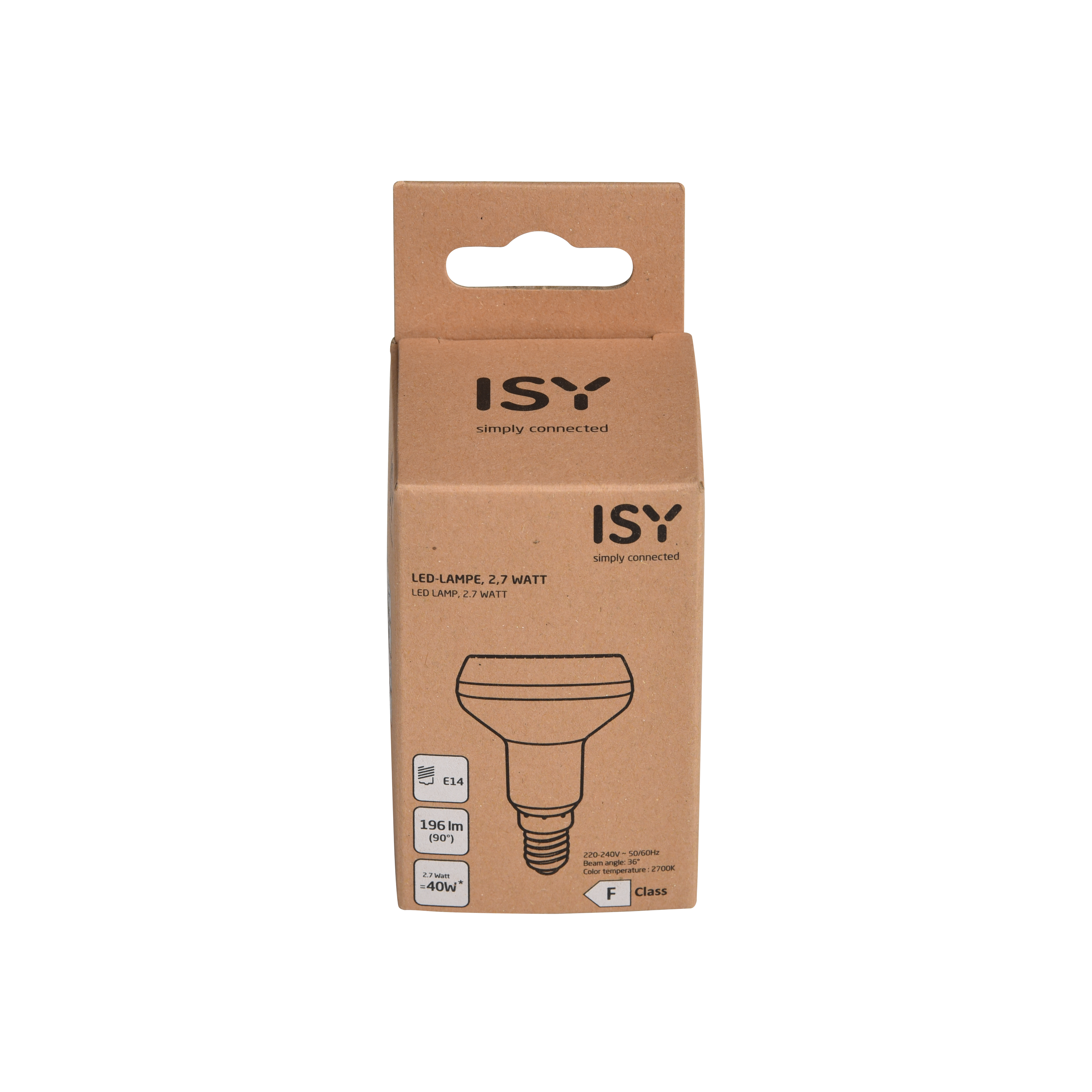 LED-Lampe in einem Karton. Die Box hat den Markennamen ISY und Produktspezifikationen.