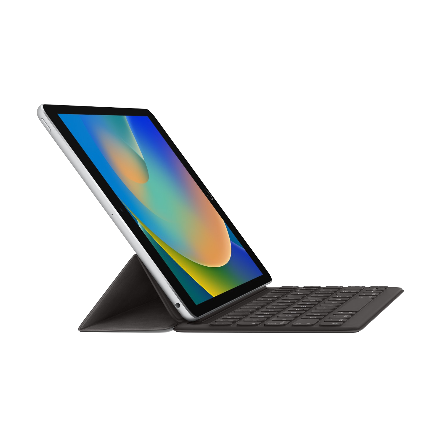 Een tablet met een toetsenbordhoes. Het scherm toont een interface.