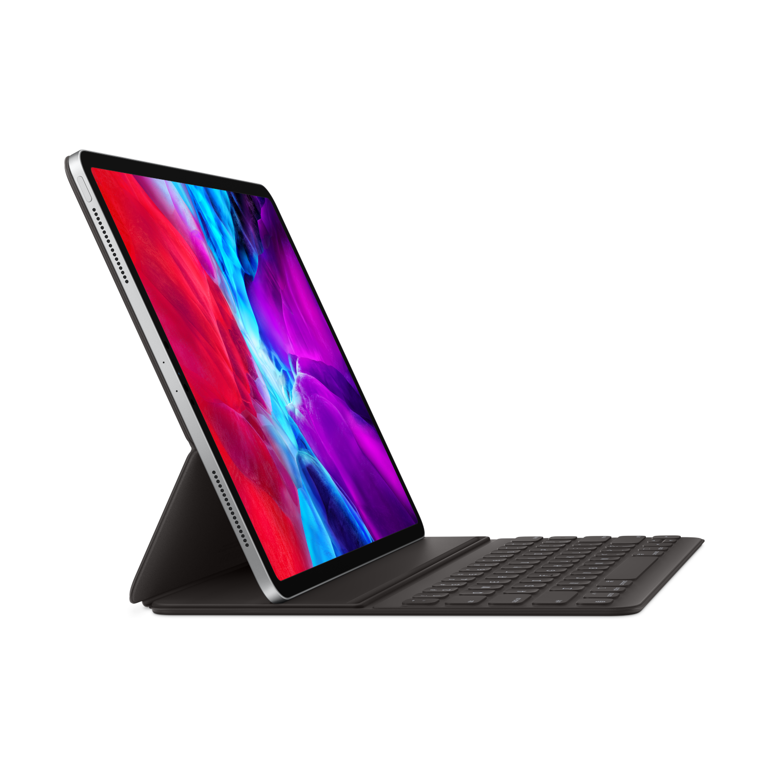 Tablet with a keyboard. Screen displays a colorful image. White background.