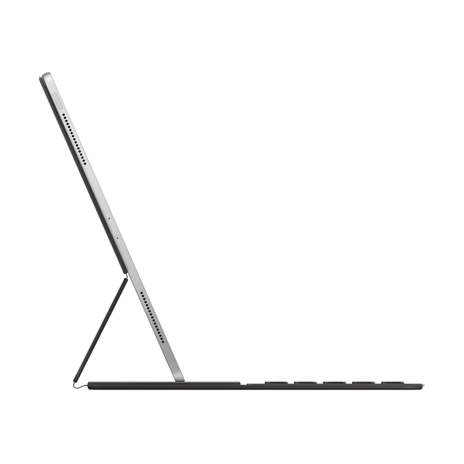 Side view of a silver tablet with a keyboard attached and propped up. The screen is blank.