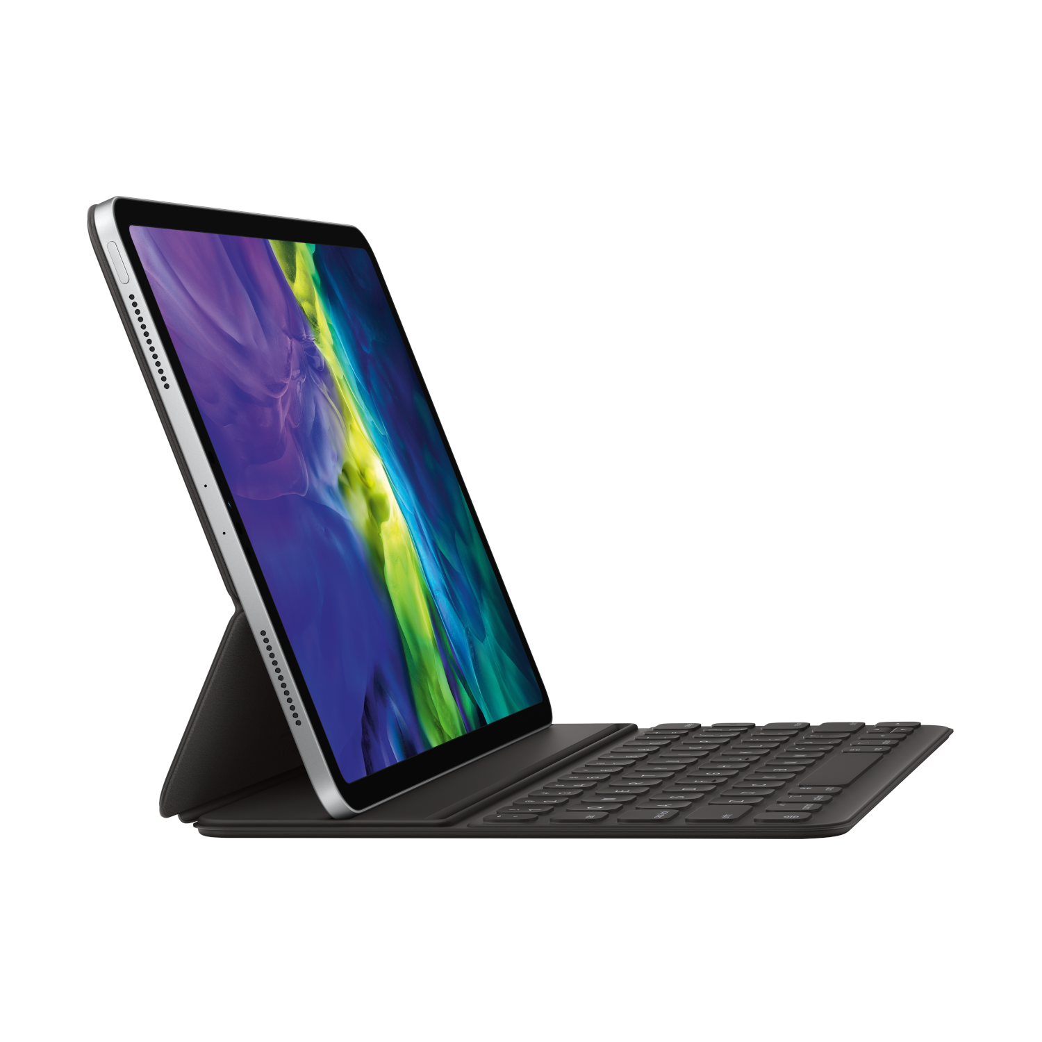 An iPad Pro with a black keyboard case is shown from a side angle, placed on a white surface.