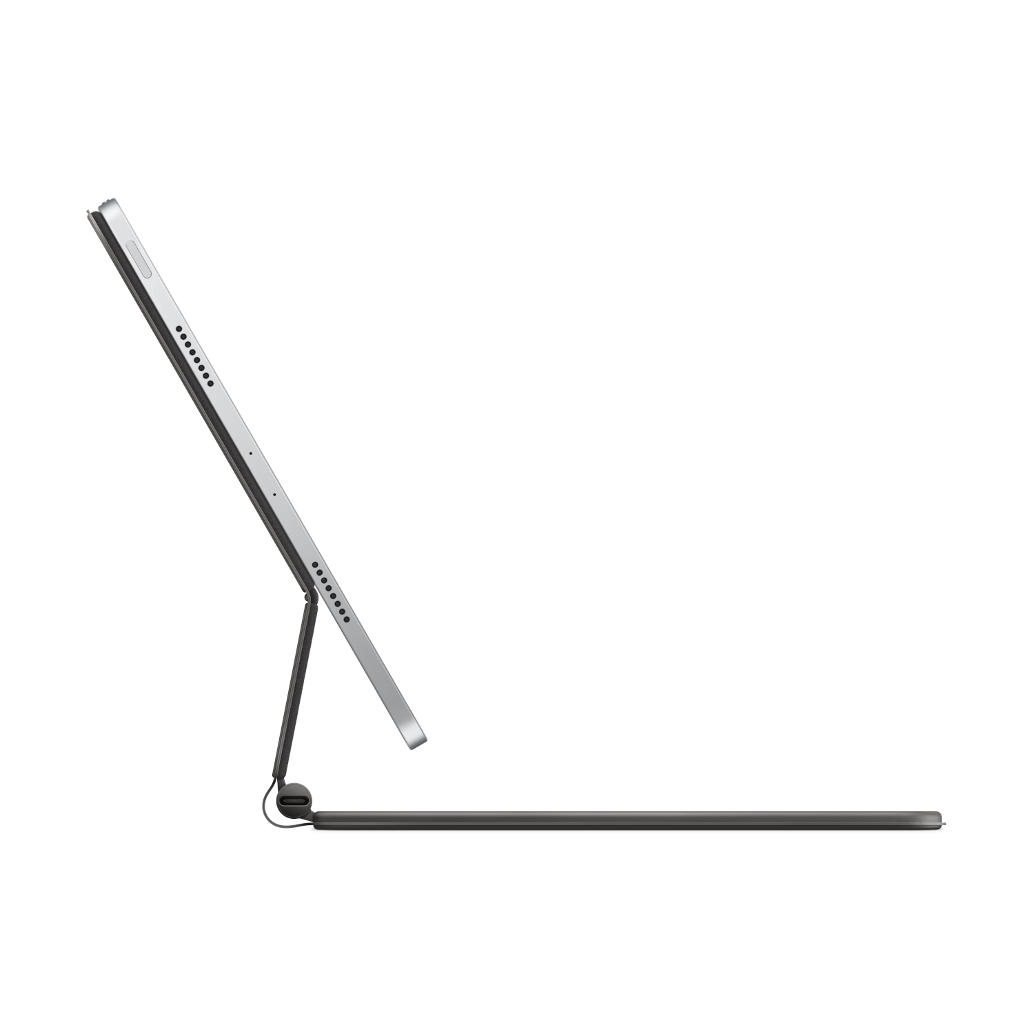 A tablet with a keyboard in profile, against a white background. The tablet is silver and black.