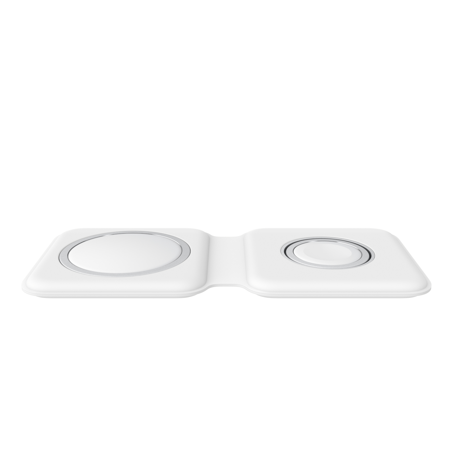 White dual wireless charger. It has two circular charging pads, one with a circle.