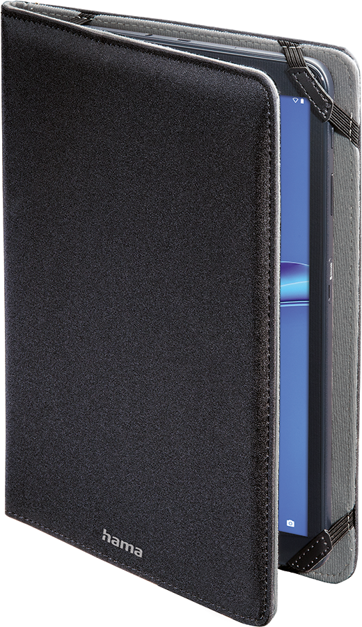 Zwarte tabletcase open, toont het scherm. De case heeft het "hama" logo.