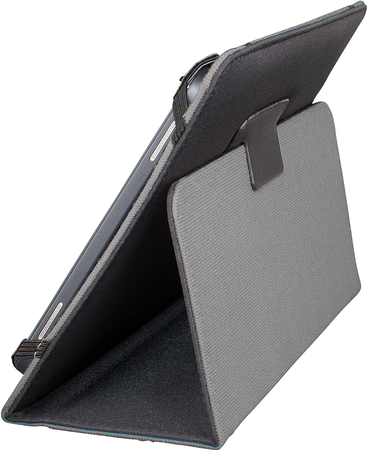 Tablet in een grijze hoes, omhoog gekanteld. Zwart van binnen. Grijze hoes houdt de tablet vast.