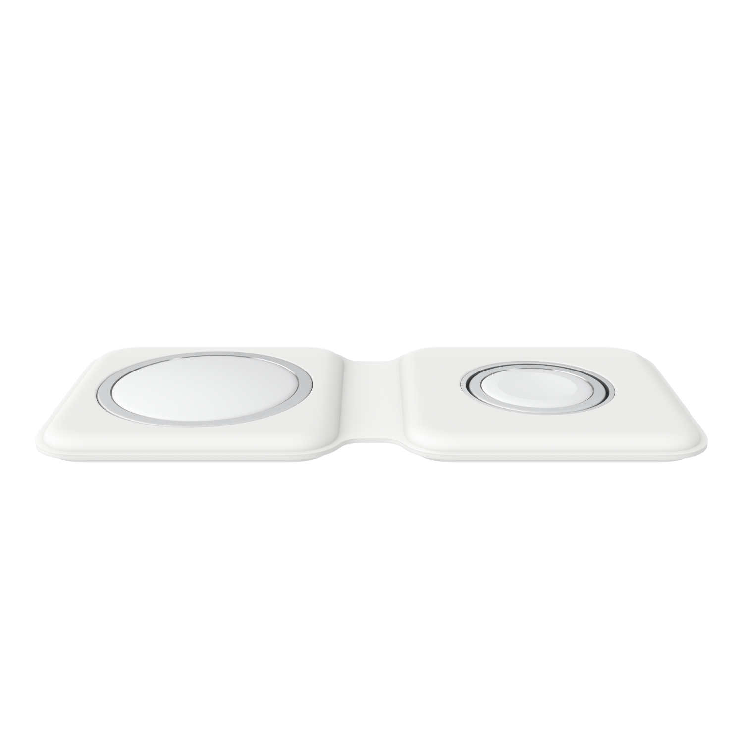 White, foldable charging pad for Apple devices. Two circular charging areas are visible in the image.