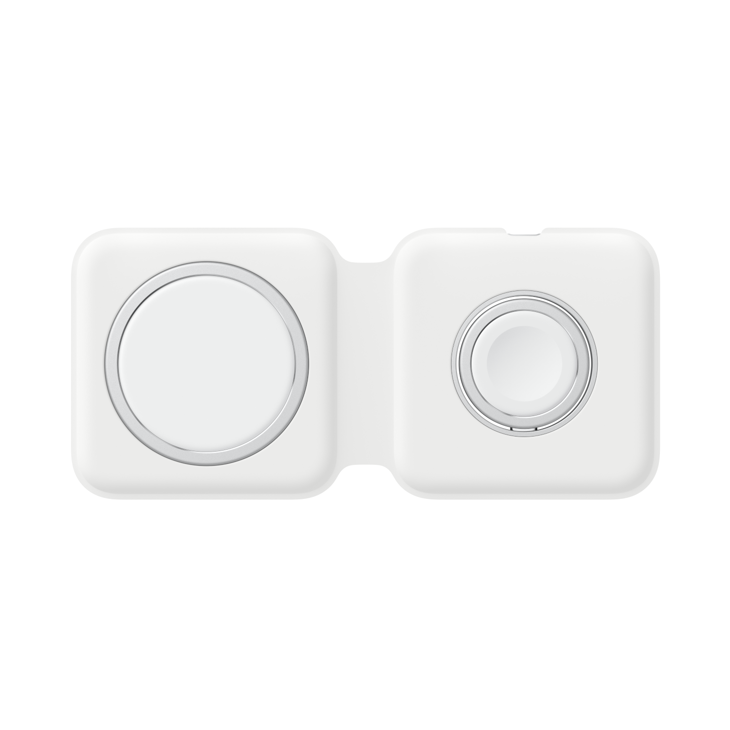 White, foldable charging station for an Apple Watch and iPhone.  Two charging pads.