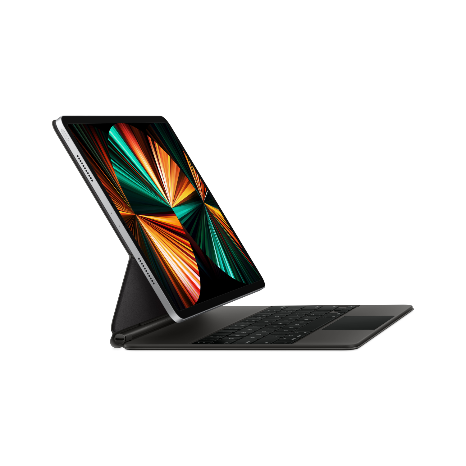 An Apple iPad Pro with a keyboard, angled, on a white background.