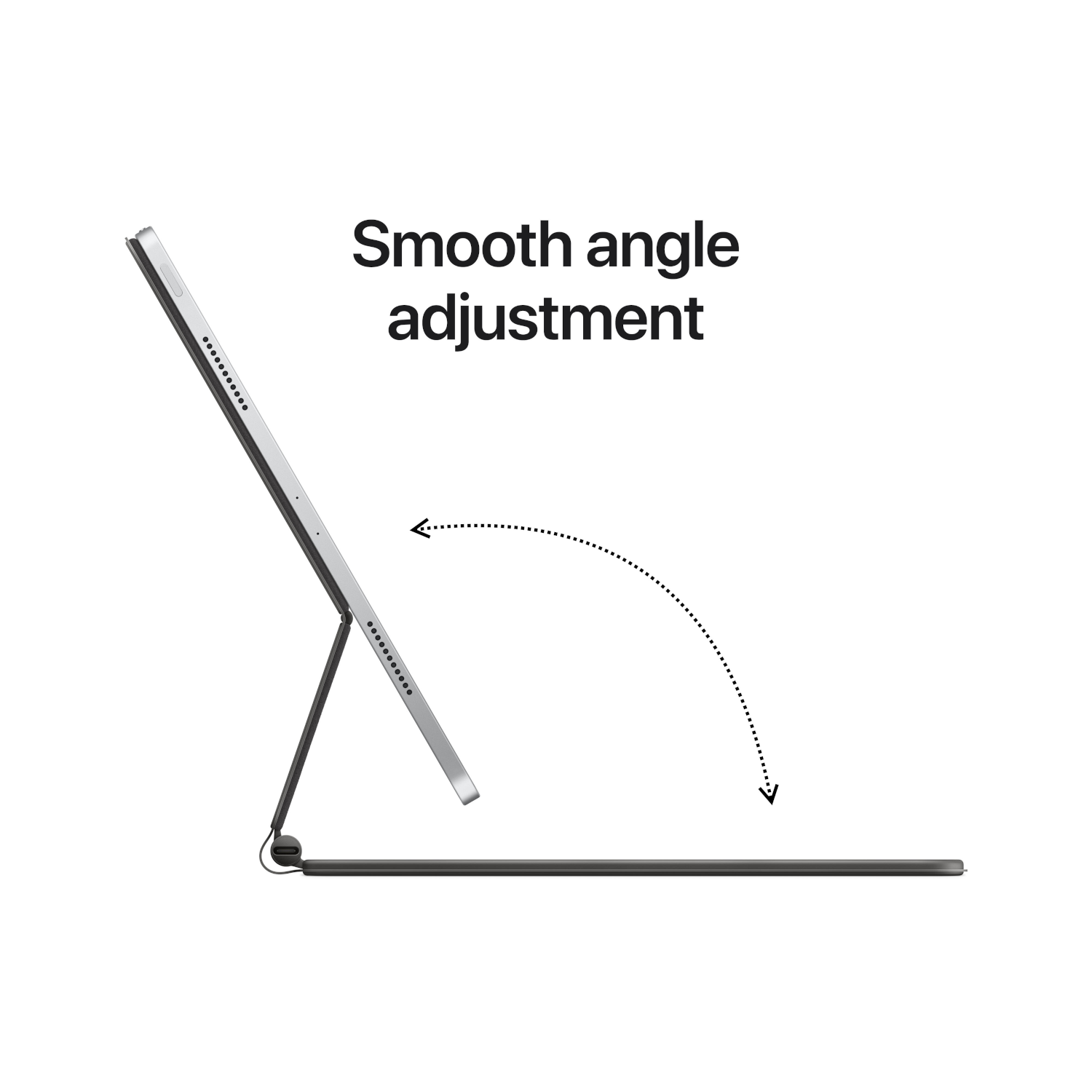 Tablet on stand, angled, with text 'Smooth angle adjustment', white background.
