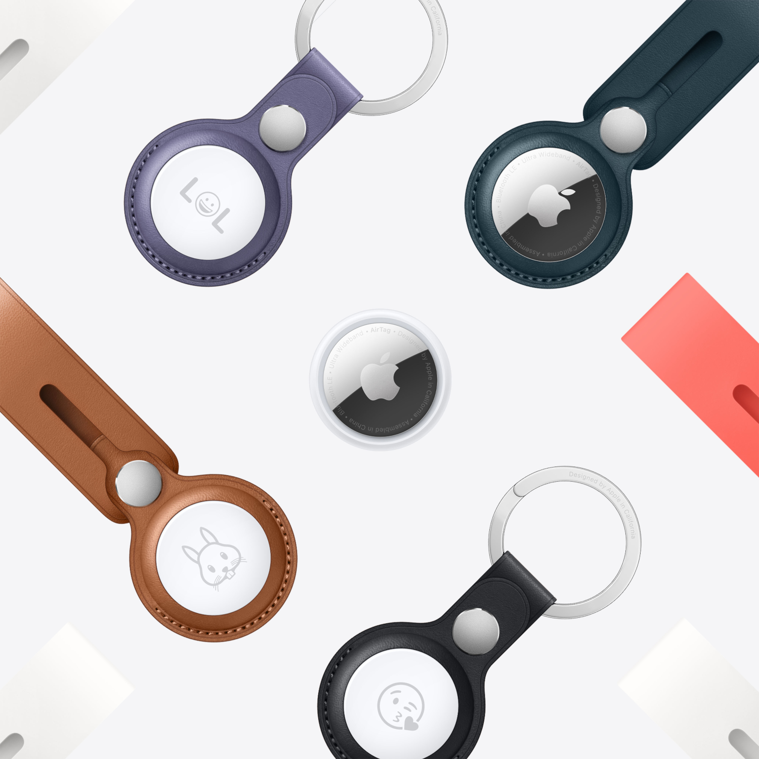 Keychains with Apple AirTag with different color leather cases.