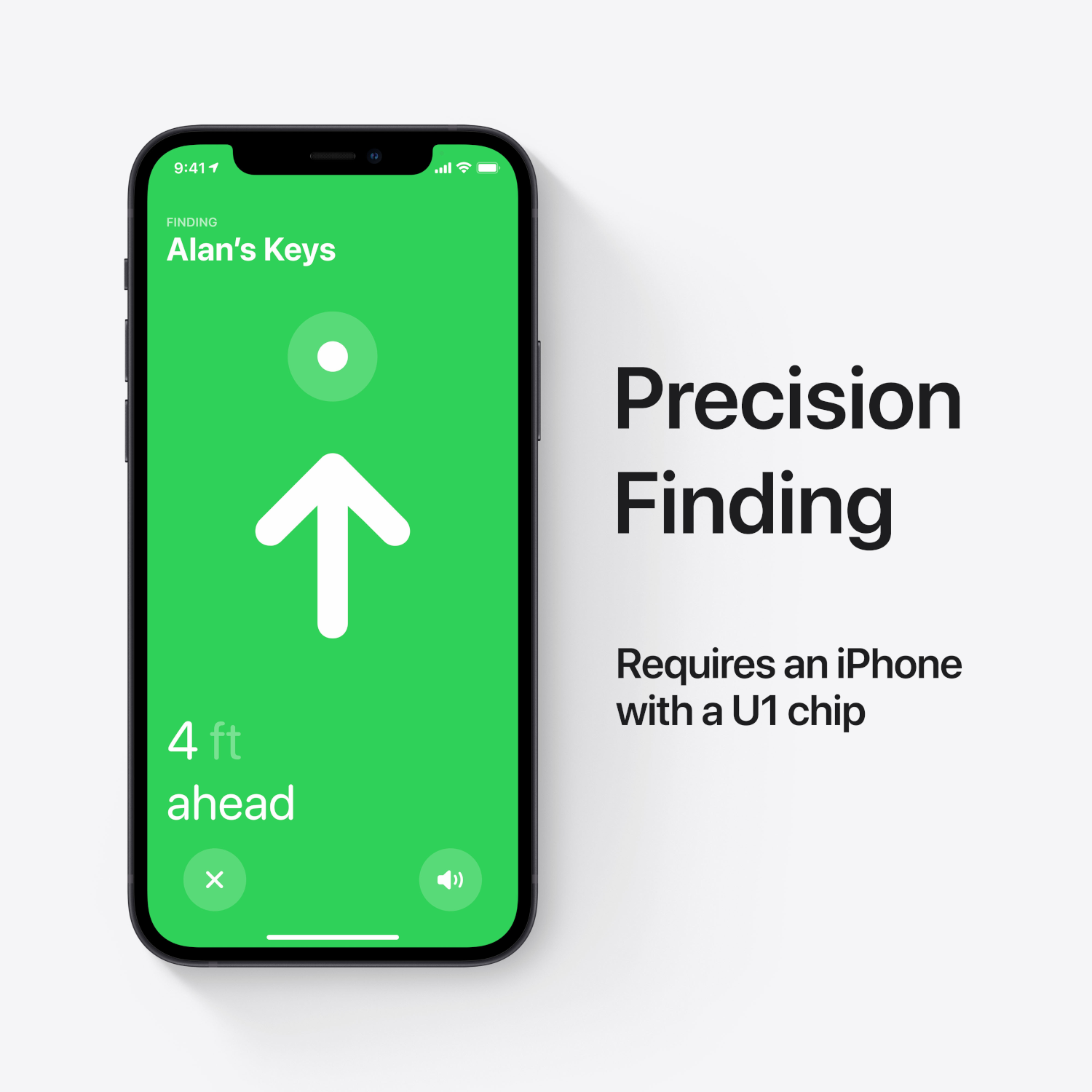 iPhone screen showing location: 4 ft ahead. Large white arrow. Green background.