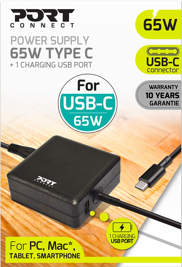 Alimentatore nero con porte USB-C e USB, testo '65W Type C', su sfondo bianco.