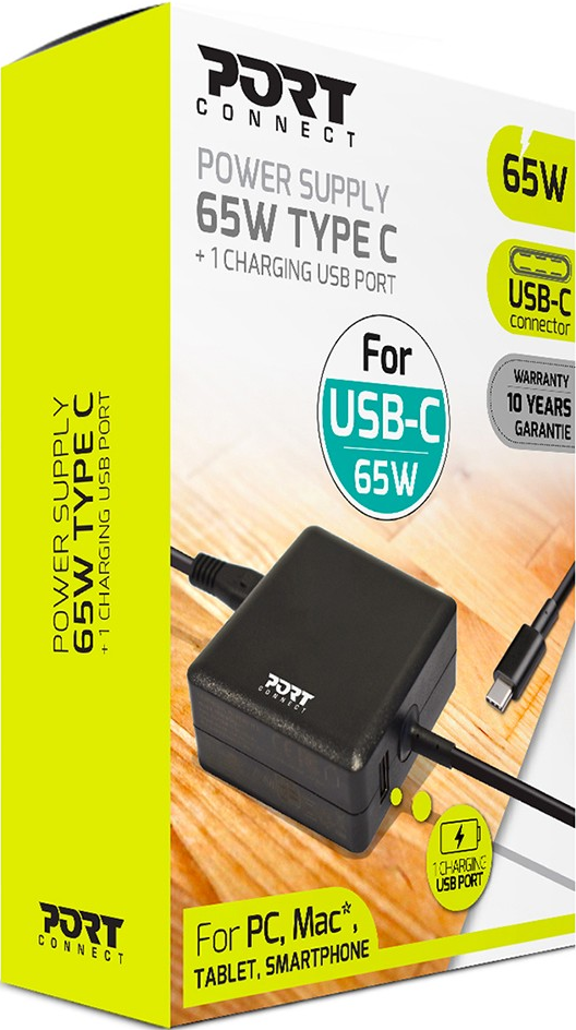 Una scatola di alimentazione con porta USB-C e testo: '65W Tipo C + 1 porta USB di ricarica'.