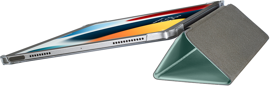 iPad with a clear case in a folding stand, with the stand open.