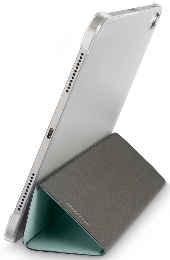 Tablet in a case, propped up at an angle on a stand.