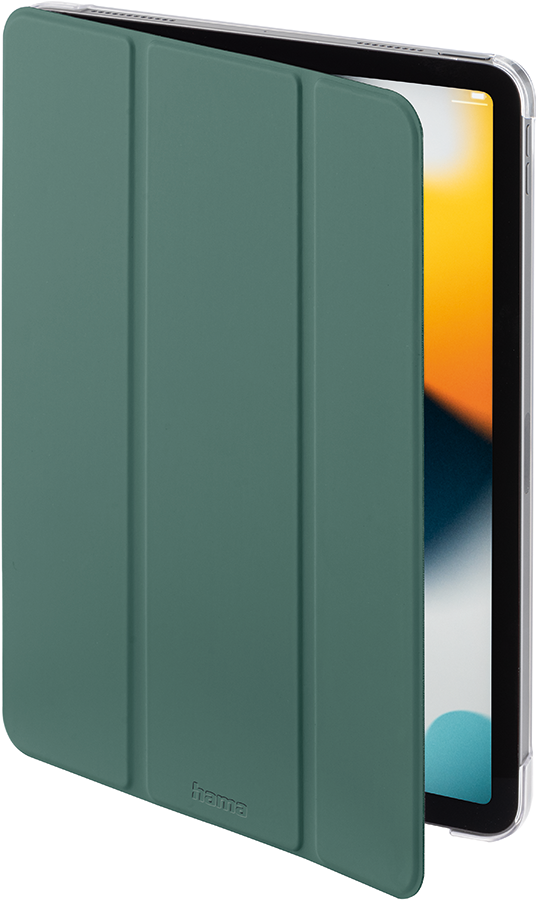 Green tablet case, open, showing a tablet screen, white background.