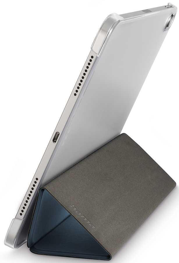 An iPad in a clear case propped up by a gray cover.