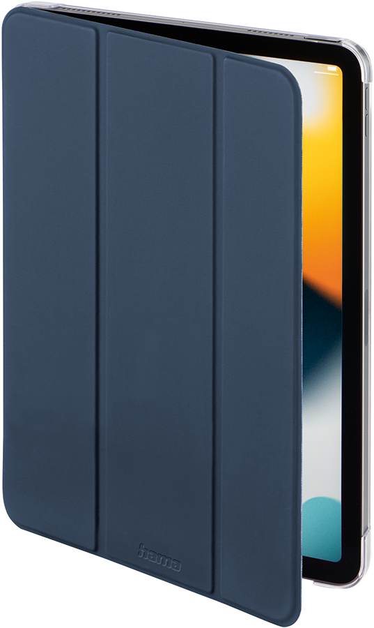 Blue iPad case, partially open, showing the tablet, white background.