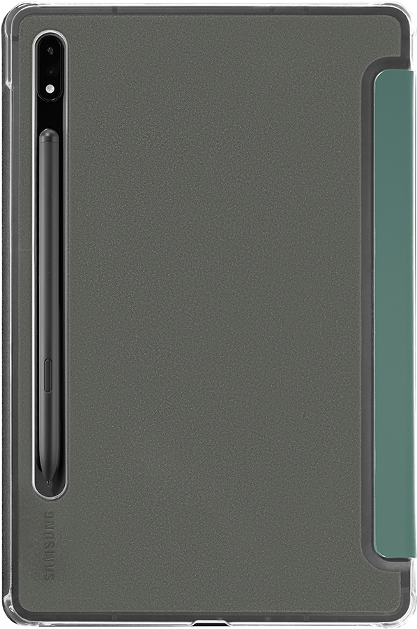 A gray tablet in a transparent case with a stylus. A green cover is attached.