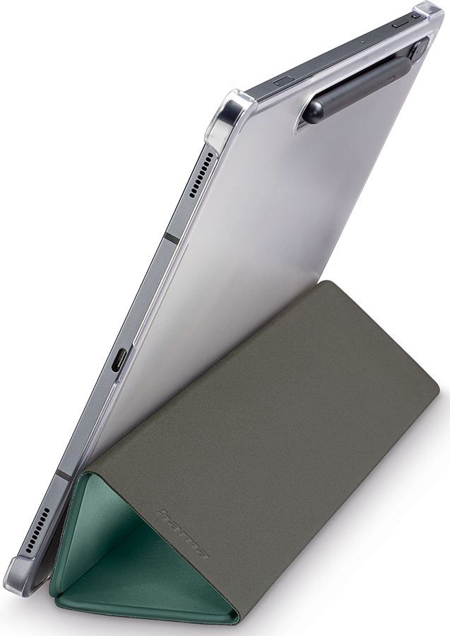 A silver tablet with a stylus rests in a green-gray triangular case, angled on a white background.