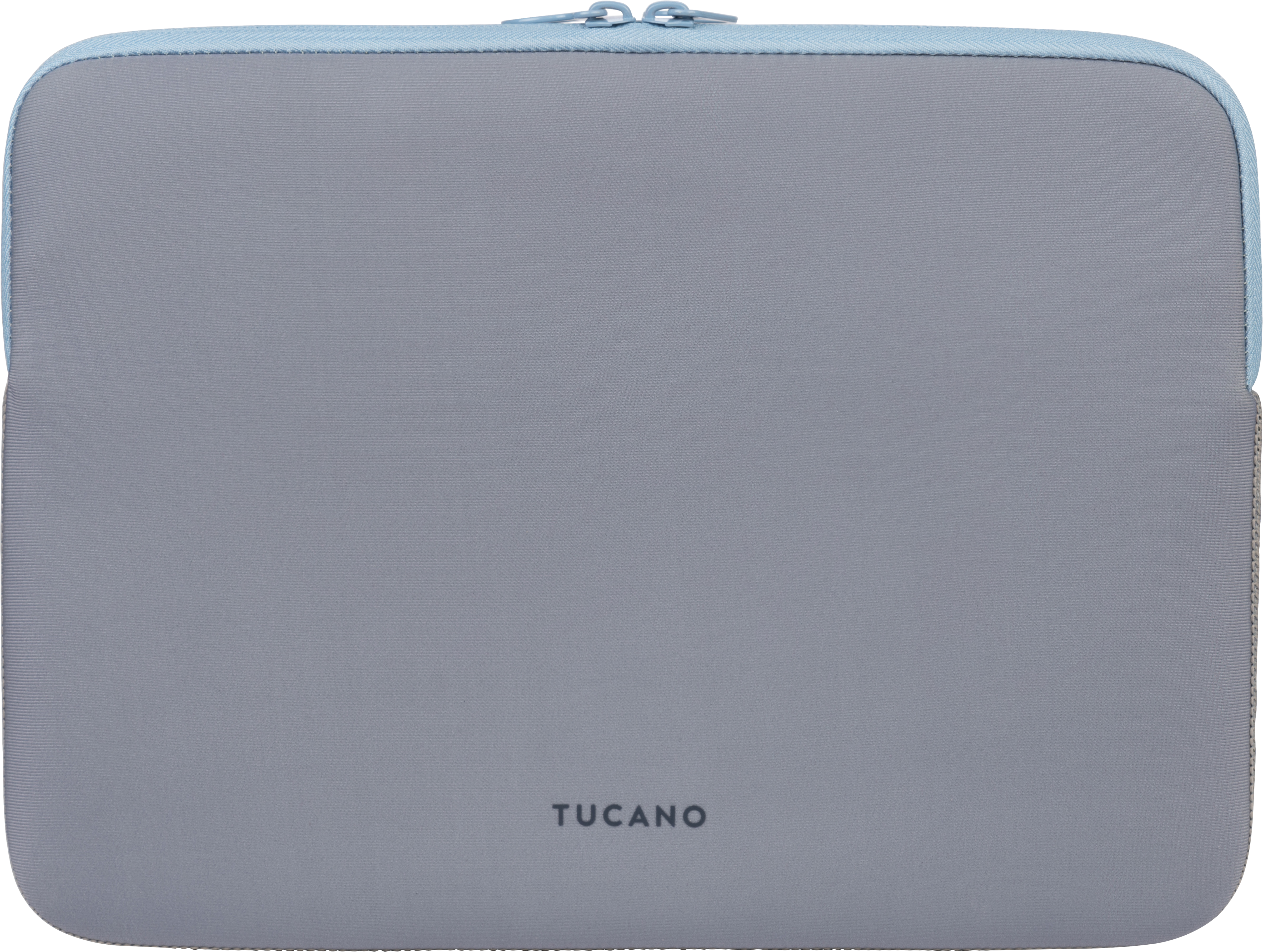 Housse d'ordinateur portable Tucano grise avec fermeture éclair et bordure bleu clair. Fond blanc.