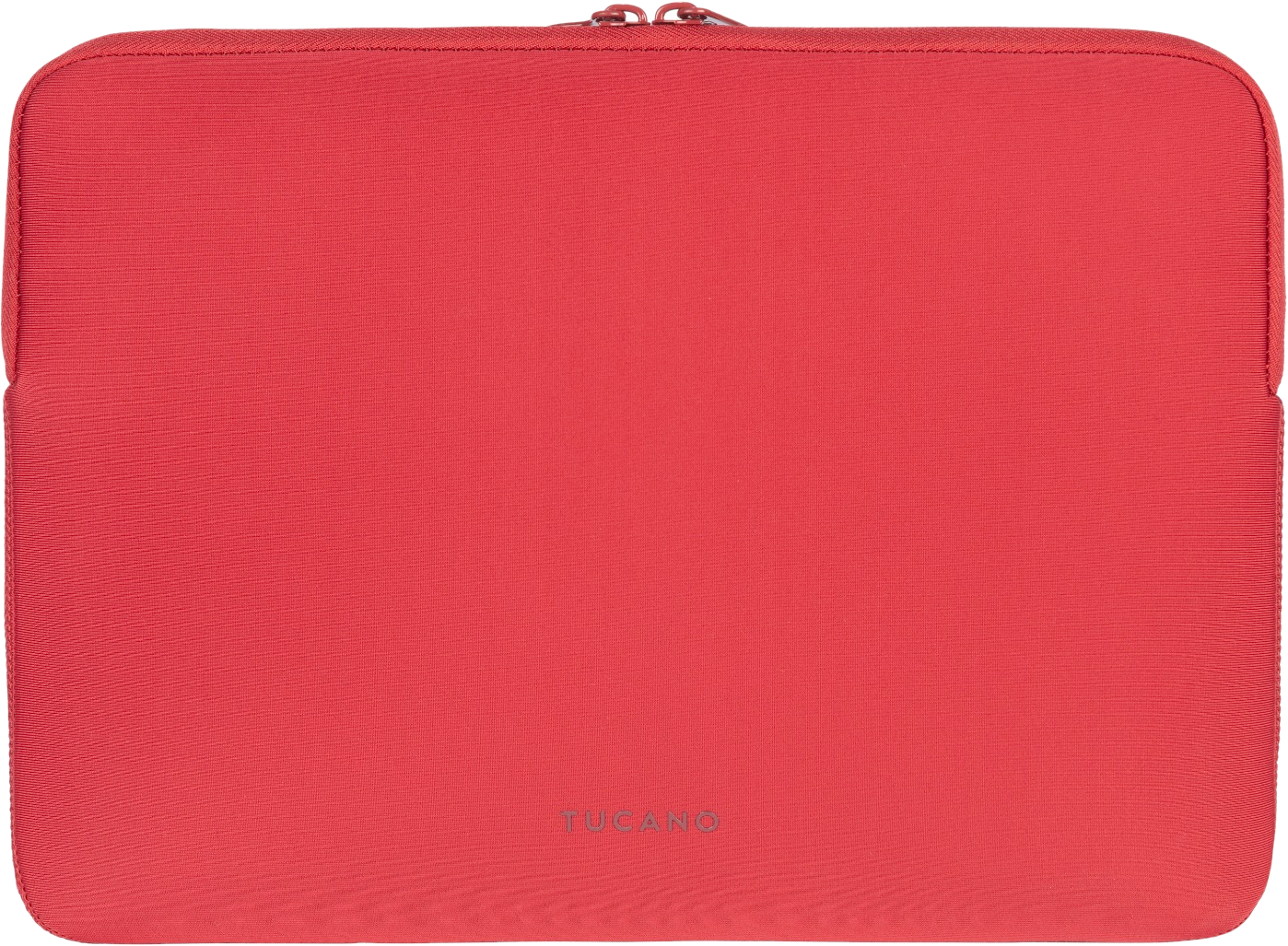 Housse d'ordinateur portable rouge avec fermeture éclair, vue de dessus, sur fond blanc.