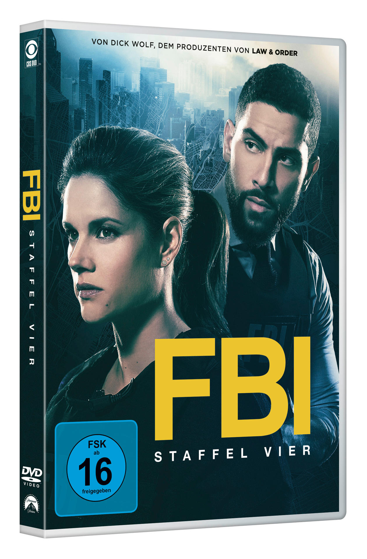 DVD-Cover der FBI-Serie. Zwei Schauspieler im Hintergrund und der Titel FBI in Gelb.